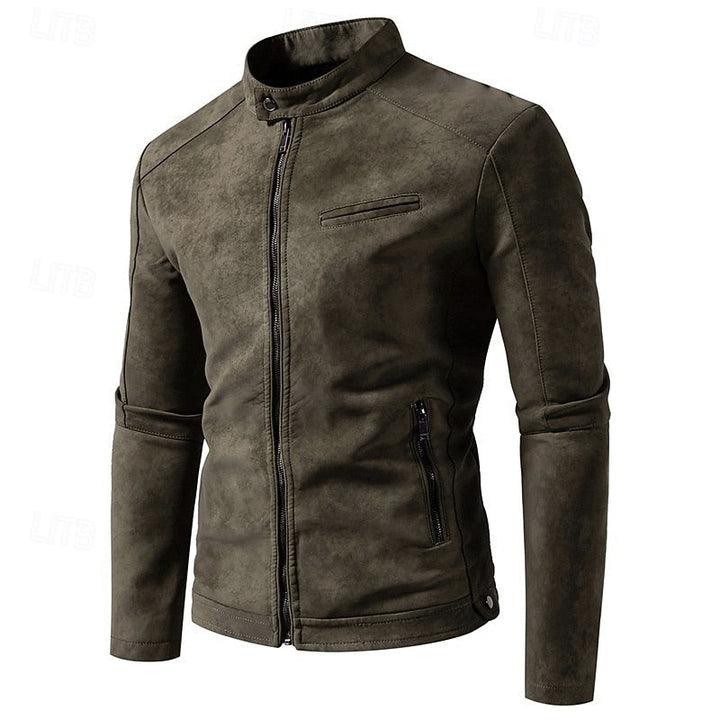 Men's Faux Leather Biker Jacket with Stand Collar and Zip-Up Design