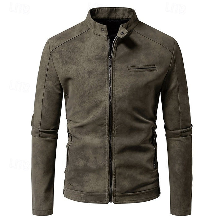 Men's Faux Leather Biker Jacket with Stand Collar and Zip-Up Design Green