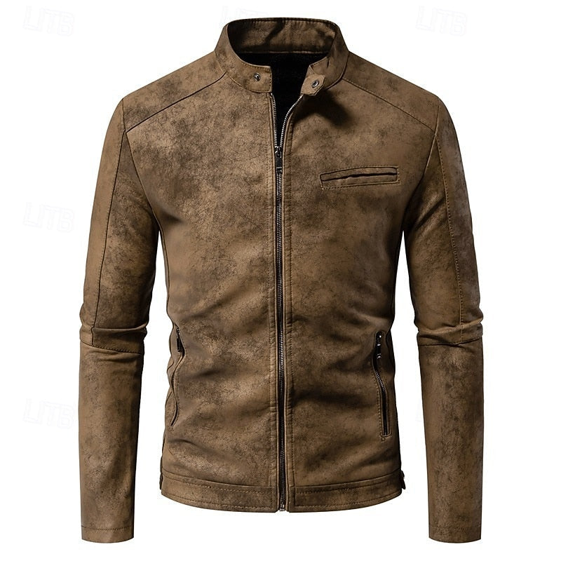 Men's Faux Leather Biker Jacket with Stand Collar and Zip-Up Design Brown