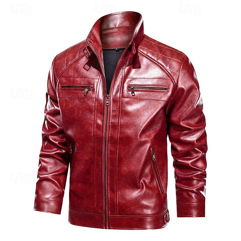 Men's Faux Leather Red Biker Jacket with Stand Collar and Zip-Up