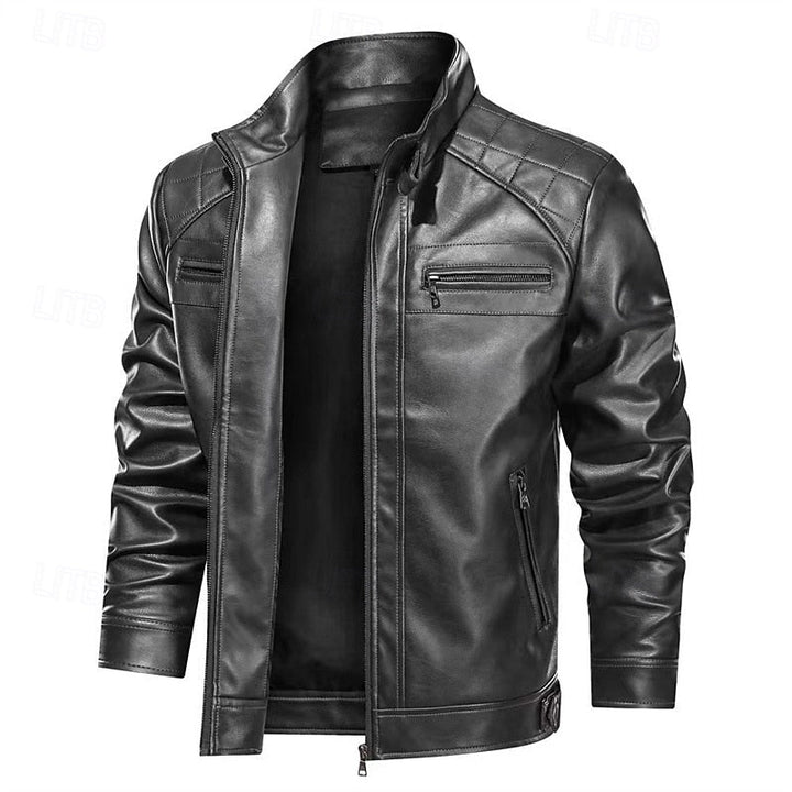 Men's Faux Leather Red Biker Jacket with Stand Collar and Zip-Up Black