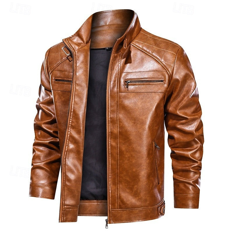 Men's Faux Leather Red Biker Jacket with Stand Collar and Zip-Up Brown