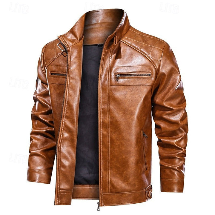 Men's Faux Leather Red Biker Jacket with Stand Collar and Zip-Up Brown