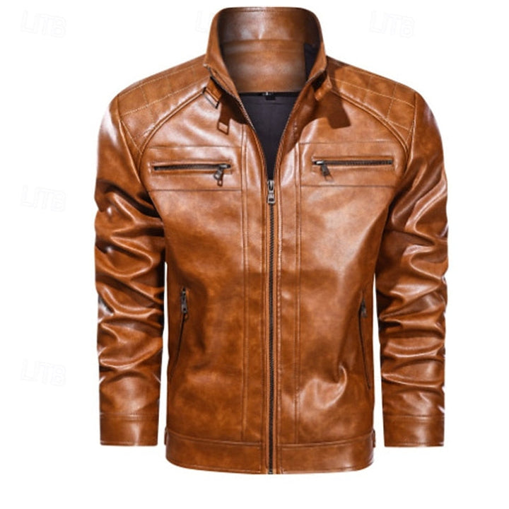 Men's Faux Leather Red Biker Jacket with Stand Collar and Zip-Up
