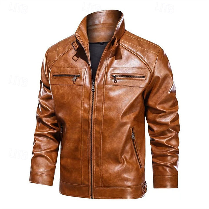 Men's Faux Leather Red Biker Jacket with Stand Collar and Zip-Up
