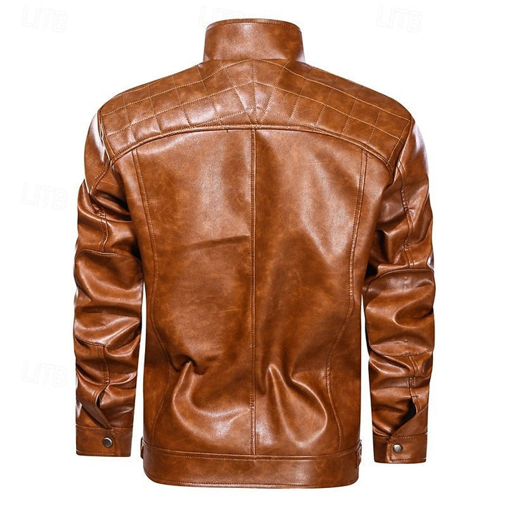 Men's Faux Leather Red Biker Jacket with Stand Collar and Zip-Up