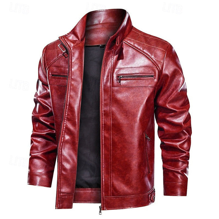 Men's Faux Leather Red Biker Jacket with Stand Collar and Zip-Up Red