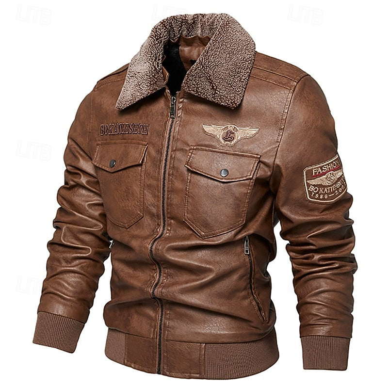 Men's Brown Faux Leather Bomber Jacket with Fleece Collar – Casual Winter Coat