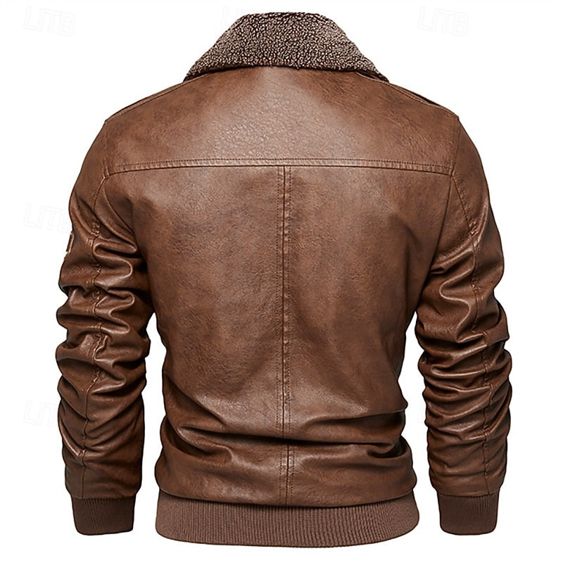 Men's Brown Faux Leather Bomber Jacket with Fleece Collar – Casual Winter Coat