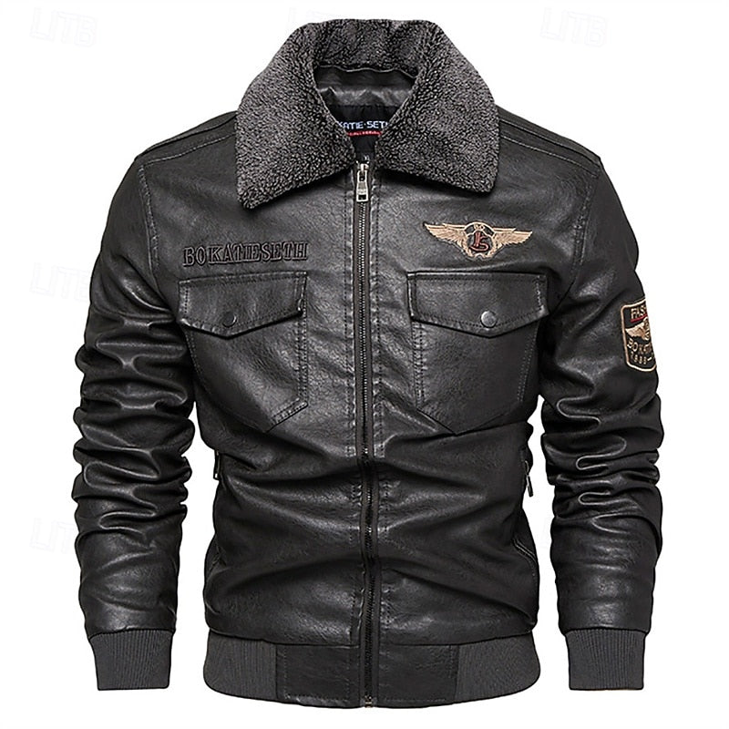 Men's Brown Faux Leather Bomber Jacket with Fleece Collar – Casual Winter Coat Gray