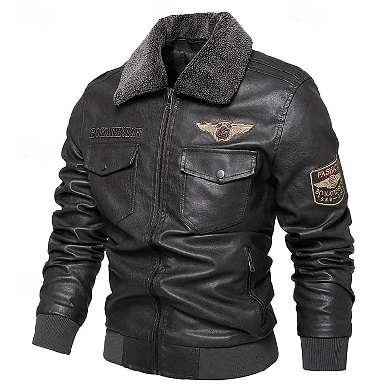Men's Brown Faux Leather Bomber Jacket with Fleece Collar – Casual Winter Coat