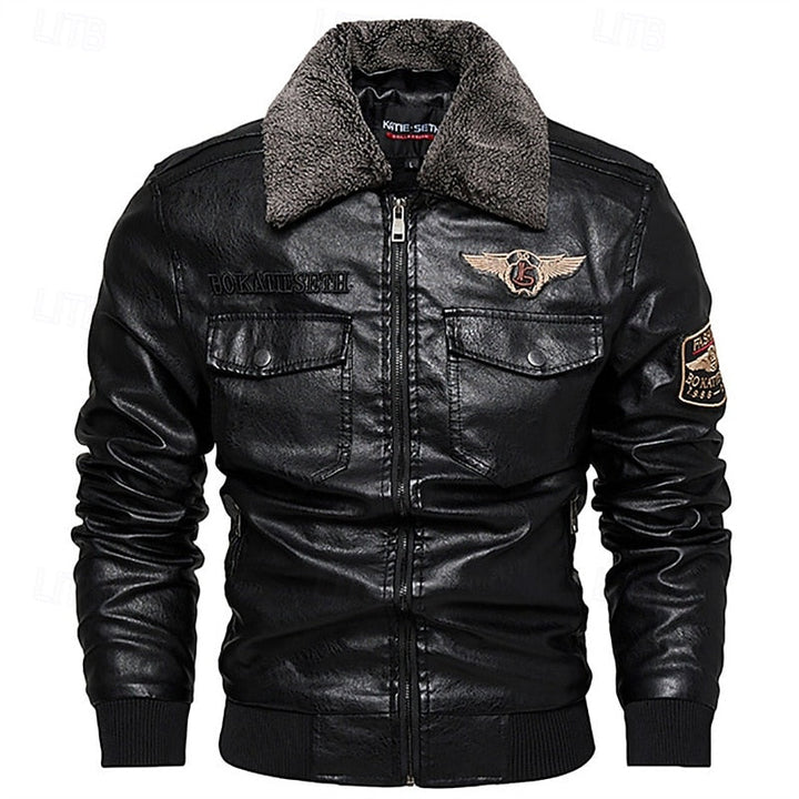 Men's Brown Faux Leather Bomber Jacket with Fleece Collar – Casual Winter Coat Black