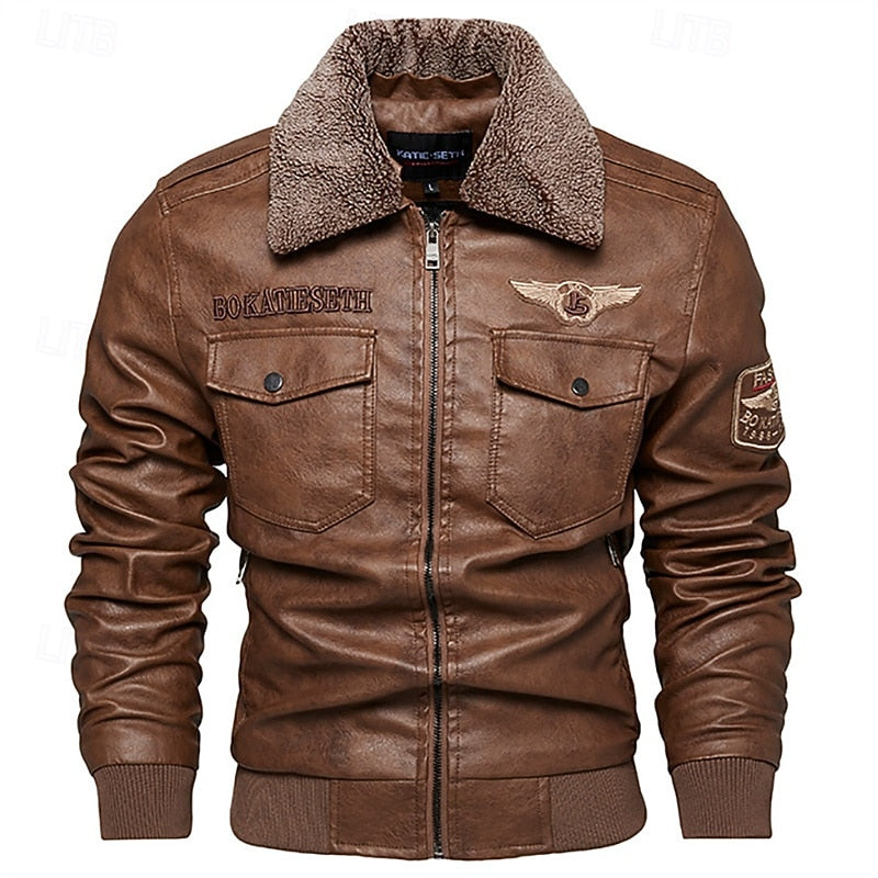 Men's Brown Faux Leather Bomber Jacket with Fleece Collar – Casual Winter Coat Coffee