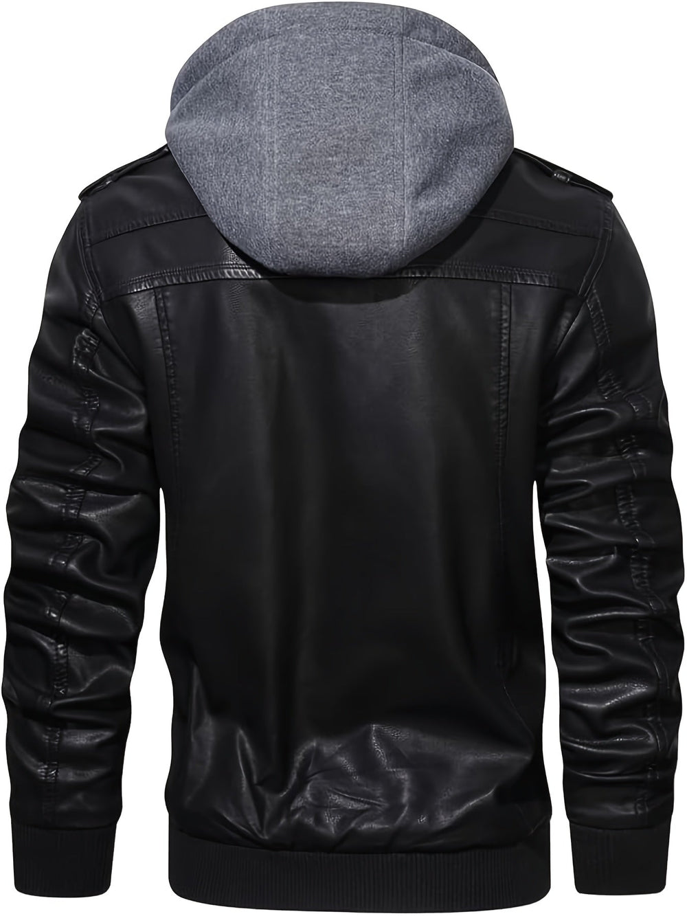 Men's Black Faux Leather Moto Jacket with Removable Hood – Casual Gift