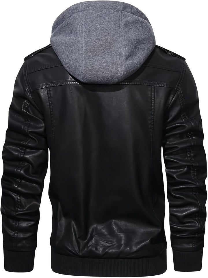 Men's Black Faux Leather Moto Jacket with Removable Hood – Casual Gift