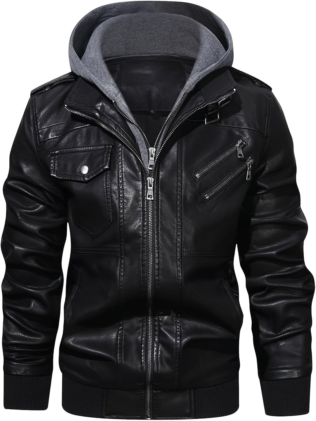 Men's Black Faux Leather Moto Jacket with Removable Hood – Casual Gift