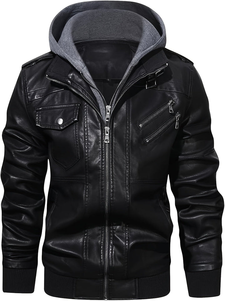 Men's Black Faux Leather Moto Jacket with Removable Hood – Casual Gift