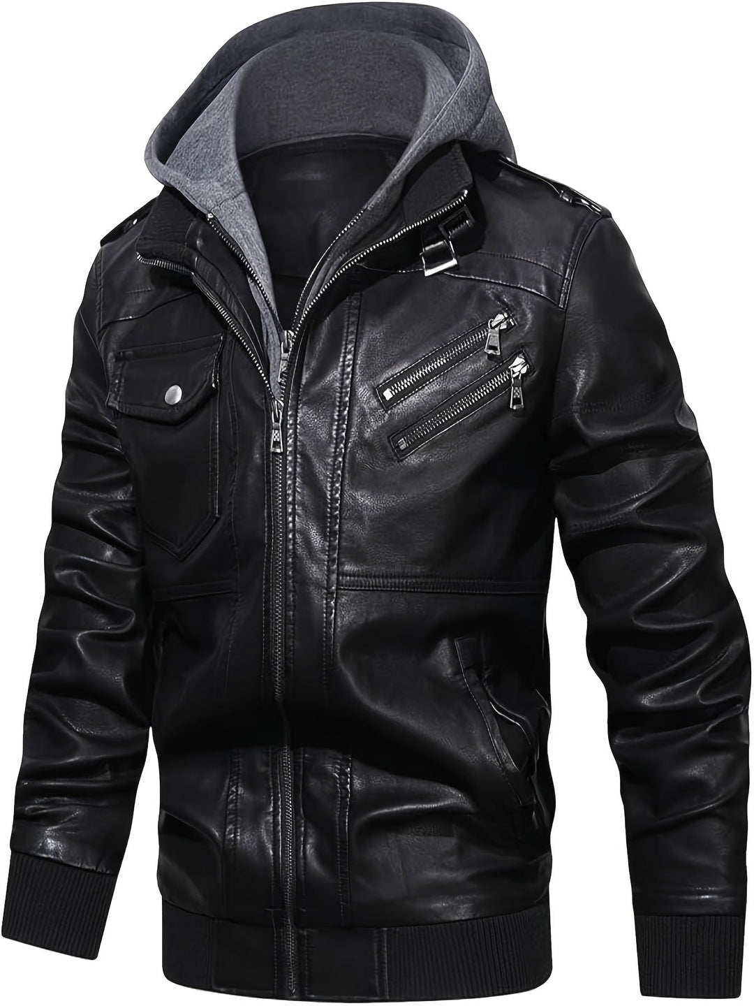 Men's Black Faux Leather Moto Jacket with Removable Hood – Casual Gift