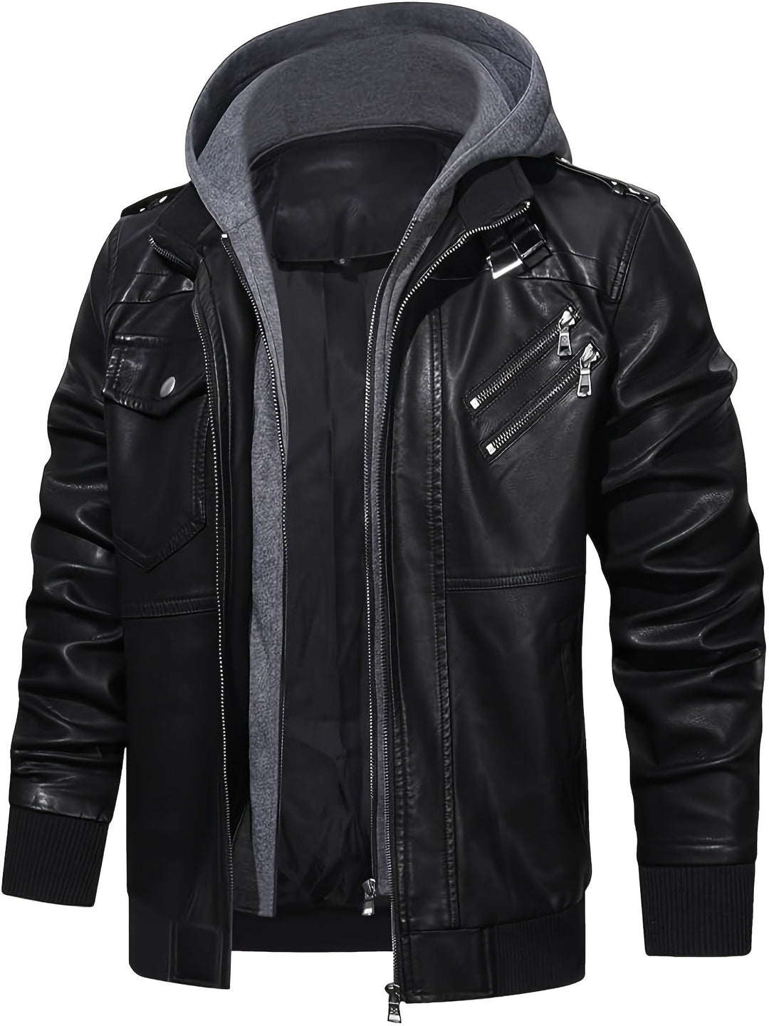 Men's Black Faux Leather Moto Jacket with Removable Hood – Casual Gift
