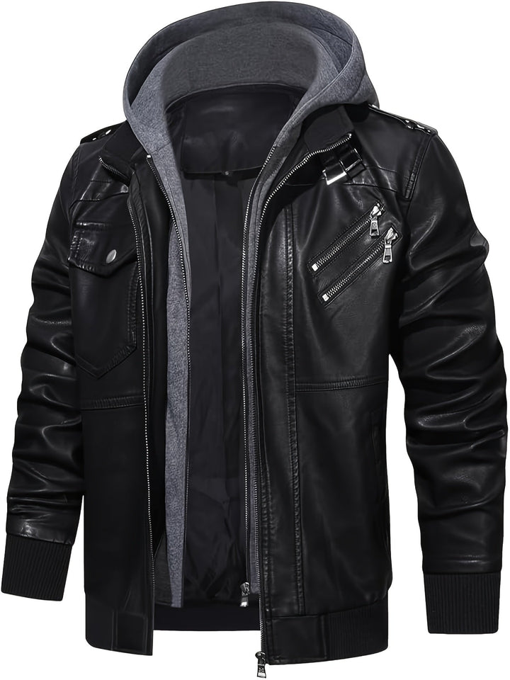 Men's Black Faux Leather Moto Jacket with Removable Hood – Casual Gift