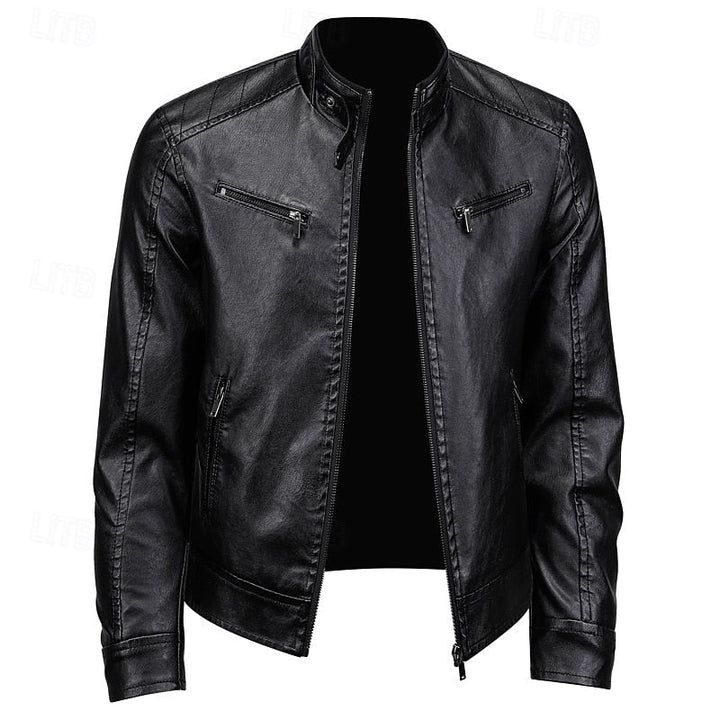 Men's Brown Faux Leather Moto Jacket with Stand Collar Zip-Up Black