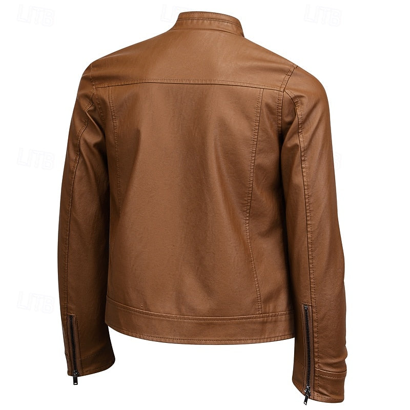 Men's Brown Faux Leather Moto Jacket with Stand Collar Zip-Up Coffee