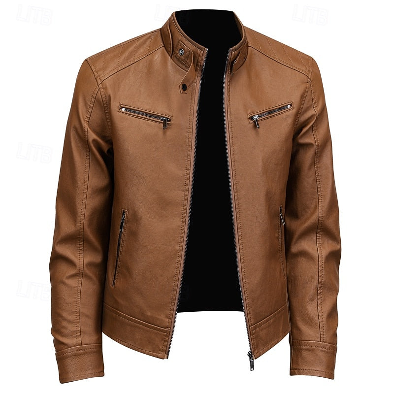 Men's Brown Faux Leather Moto Jacket with Stand Collar Zip-Up