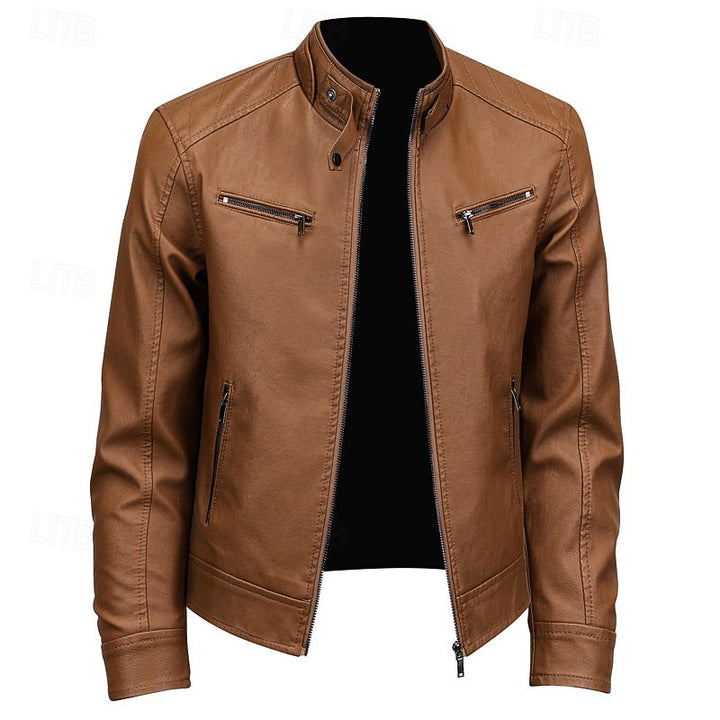 Men's Brown Faux Leather Moto Jacket with Stand Collar Zip-Up