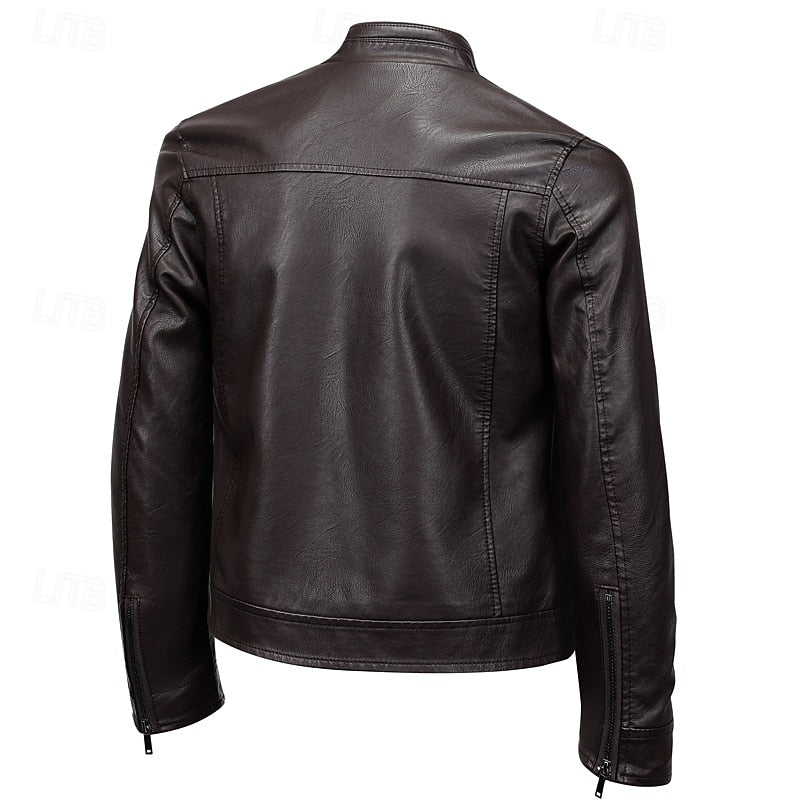 Men's Brown Faux Leather Moto Jacket with Stand Collar Zip-Up Wine