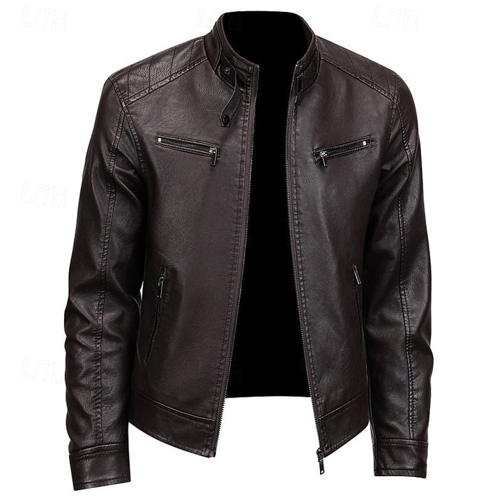 Men's Brown Faux Leather Moto Jacket with Stand Collar Zip-Up Brown
