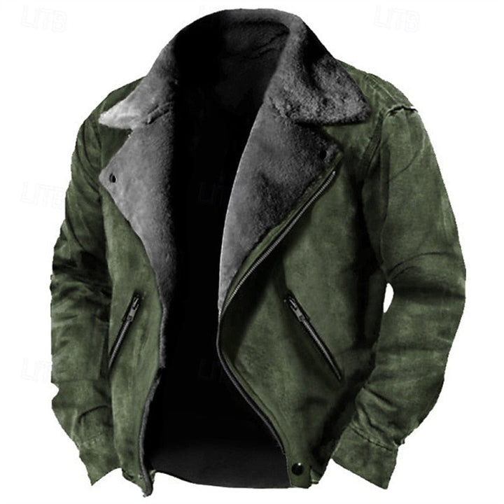 Men's Brown Faux Suede Sherpa Fleece Winter Jacket - Casual Zip-Up Green