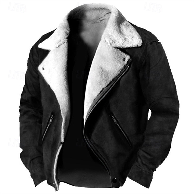 Men's Brown Faux Suede Sherpa Fleece Winter Jacket - Casual Zip-Up Black