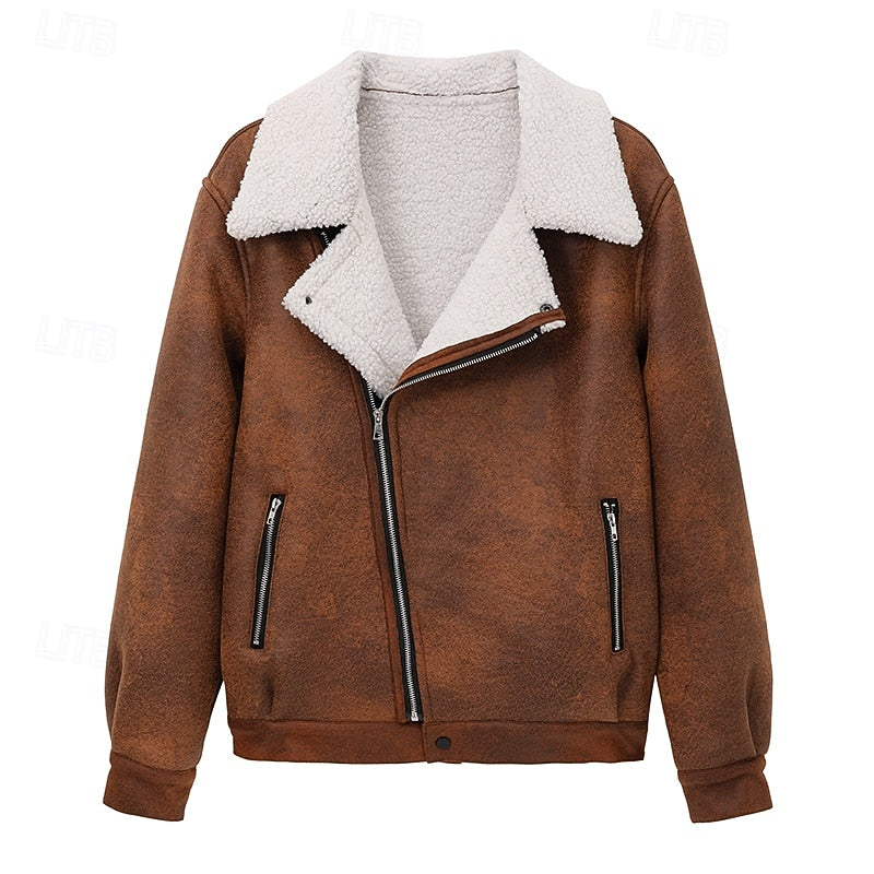 Men's Brown Faux Suede Sherpa Fleece Winter Jacket - Casual Zip-Up