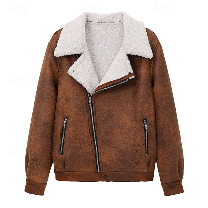 Men's Brown Faux Suede Sherpa Fleece Winter Jacket - Casual Zip-Up