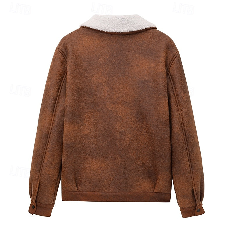 Men's Brown Faux Suede Sherpa Fleece Winter Jacket - Casual Zip-Up