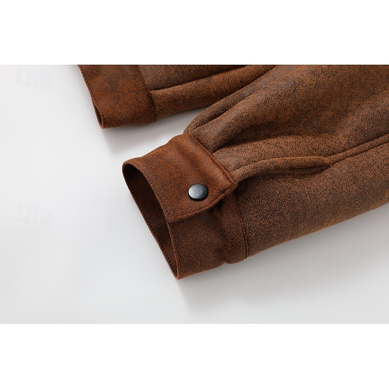 Men's Brown Faux Suede Sherpa Fleece Winter Jacket - Casual Zip-Up