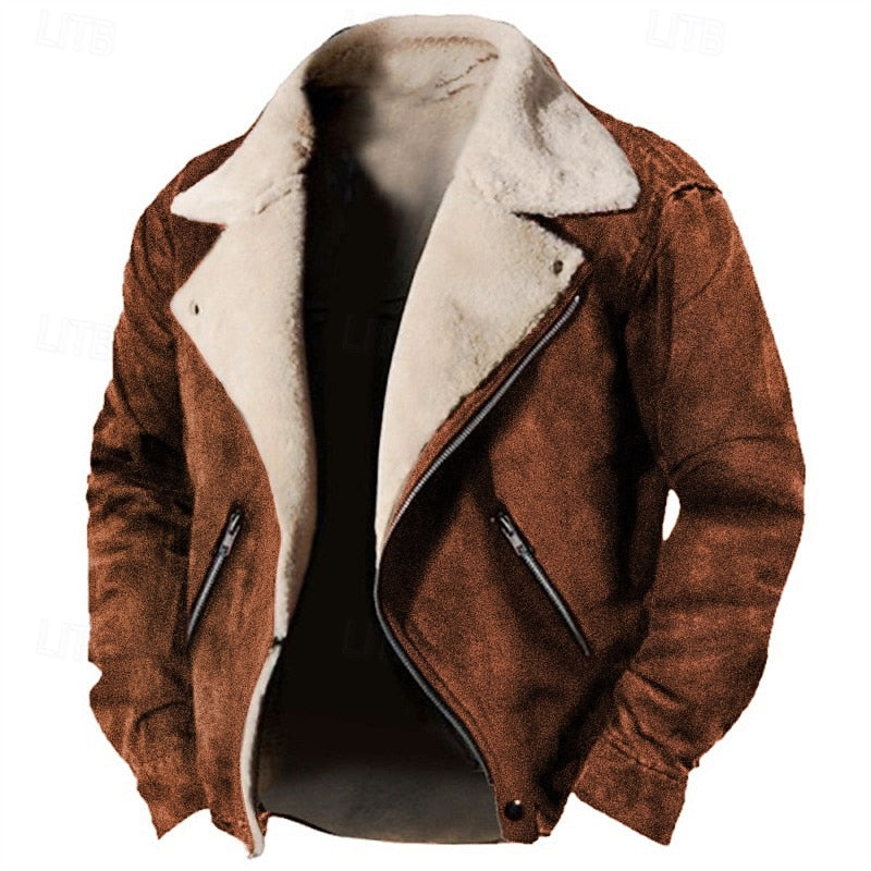 Men's Brown Faux Suede Sherpa Fleece Winter Jacket - Casual Zip-Up Brown