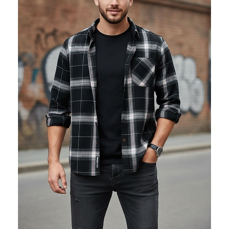 Men's Long Sleeve Plaid Flannel Shirt with Chest Pocket – Casual Style