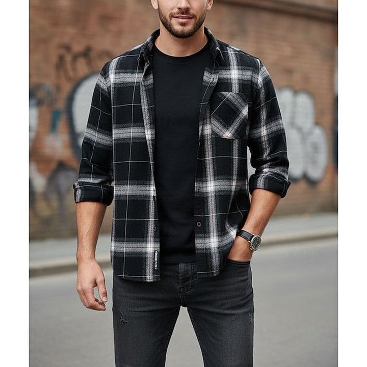 Men's Long Sleeve Plaid Flannel Shirt with Chest Pocket – Casual Style
