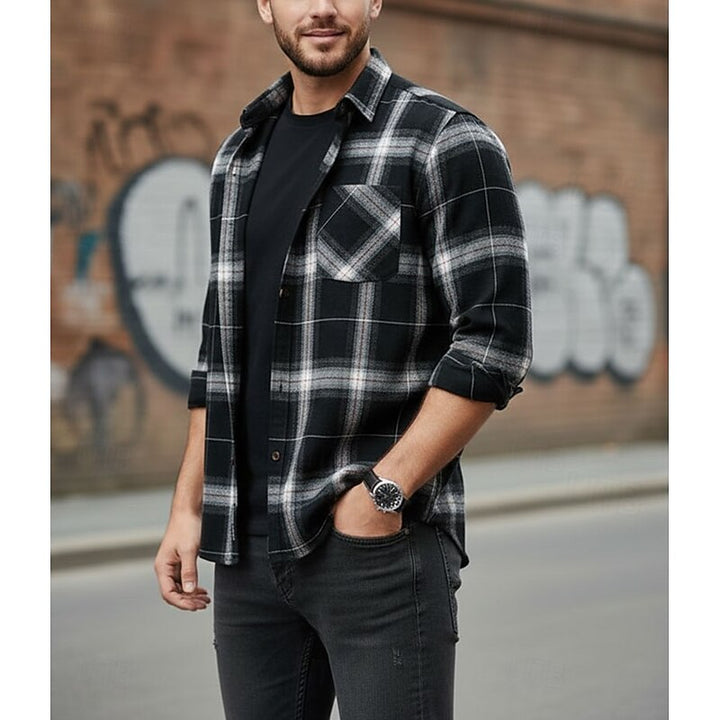 Men's Long Sleeve Plaid Flannel Shirt with Chest Pocket – Casual Style