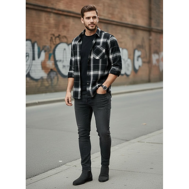 Men's Long Sleeve Plaid Flannel Shirt with Chest Pocket – Casual Style