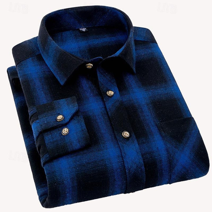 Men's Long Sleeve Plaid Flannel Shirt with Chest Pocket – Casual Style Blue