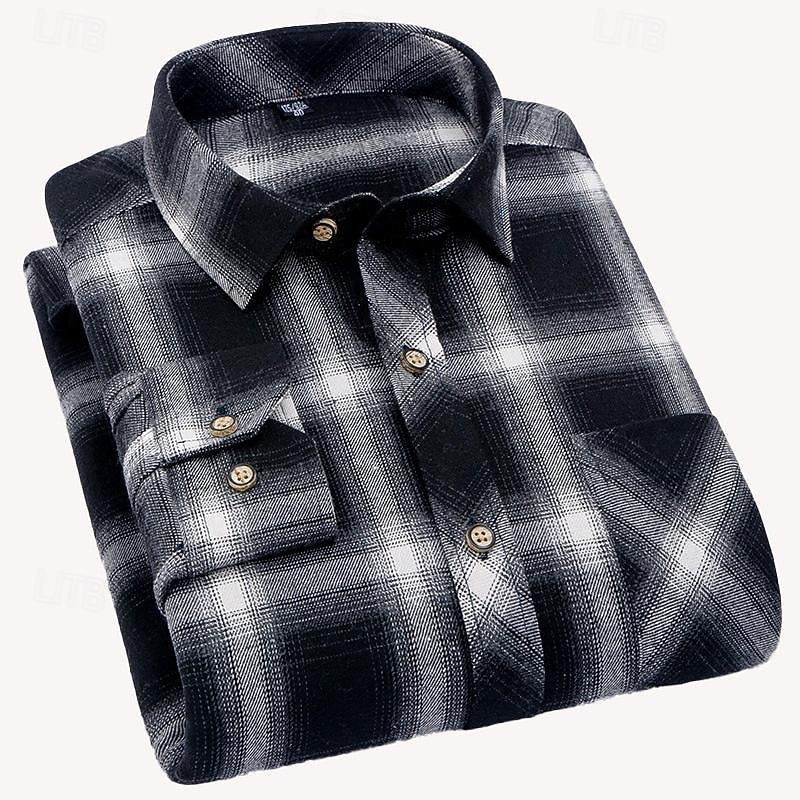 Men's Long Sleeve Plaid Flannel Shirt with Chest Pocket – Casual Style Gray