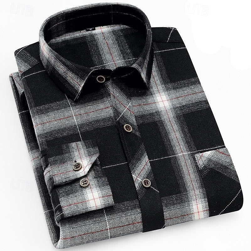 Men's Long Sleeve Plaid Flannel Shirt with Chest Pocket – Casual Style Black