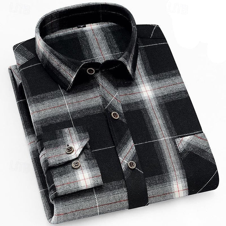 Men's Long Sleeve Plaid Flannel Shirt with Chest Pocket – Casual Style Black