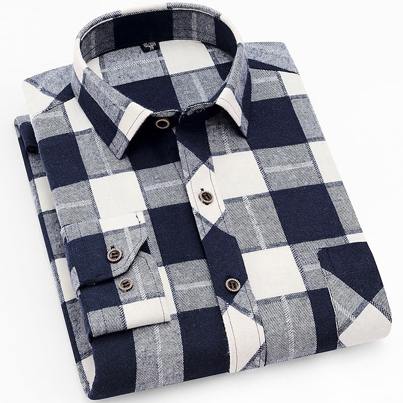Men's Red Black Check Flannel Shirt - Long Sleeve Casual Button-Up White