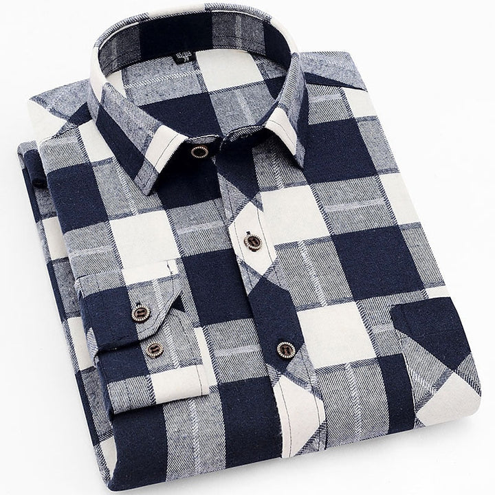 Men's Red Black Check Flannel Shirt - Long Sleeve Casual Button-Up White