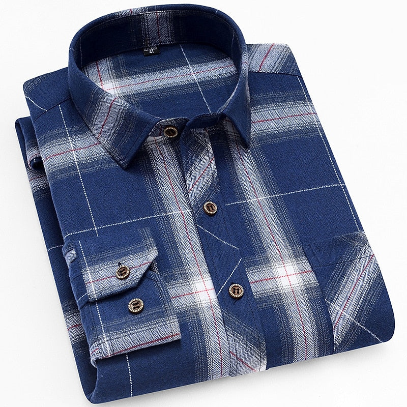 Men's Red Black Check Flannel Shirt - Long Sleeve Casual Button-Up Blue