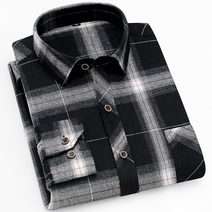 Men's Red Black Check Flannel Shirt - Long Sleeve Casual Button-Up Black