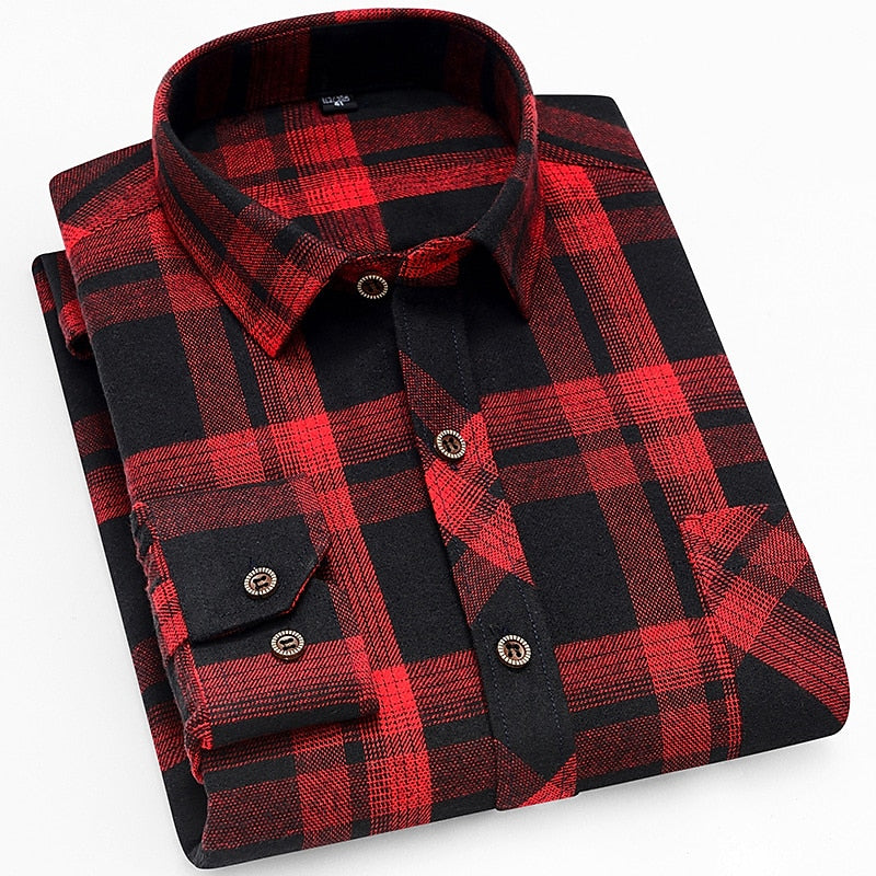 Men's Red Black Check Flannel Shirt - Long Sleeve Casual Button-Up Wine